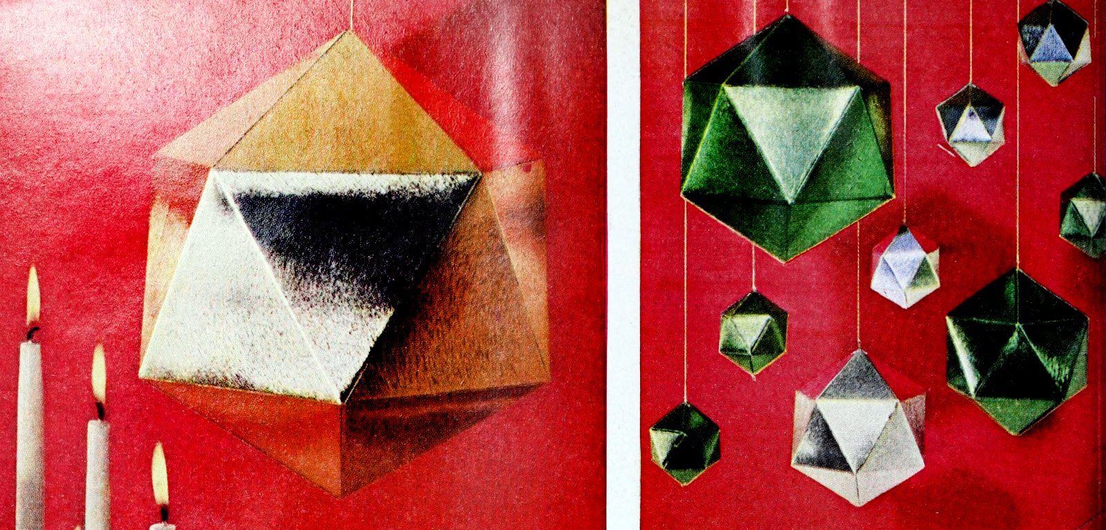 Folded foil paper Christmas ornament crafts from the 1950s