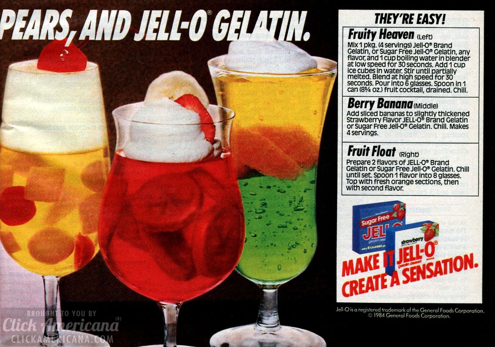 Easy, colorful Jello desserts Fruity heaven, Berry banana & Fruit float (1985) Click Americana