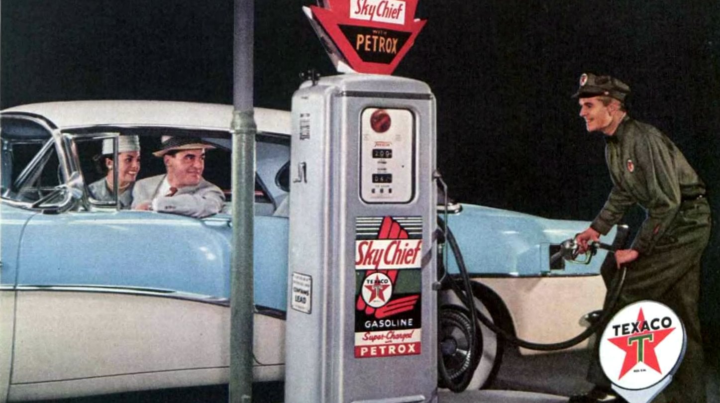 Full-service gas station and car (1956) via ClickAmericana com