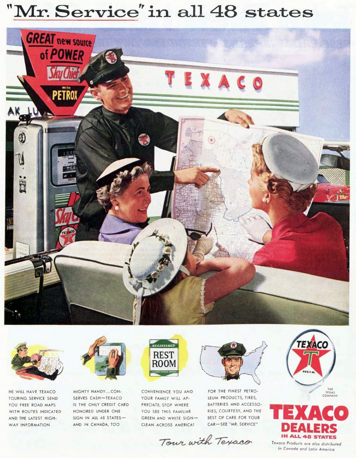 Full-service gas station and women with a road map (1956) via ClickAmericana com