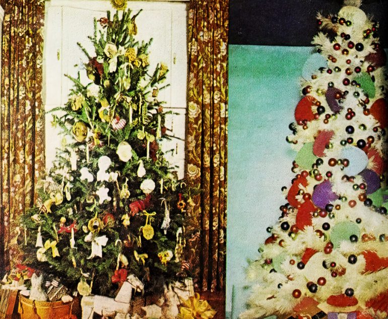 Christmas Trees In The 70s See 55 Fun Flashy Whimsical Trends We Gingham And Bread Dough Figures White Tree With Colorful Globes And Japanese Fans 770x633