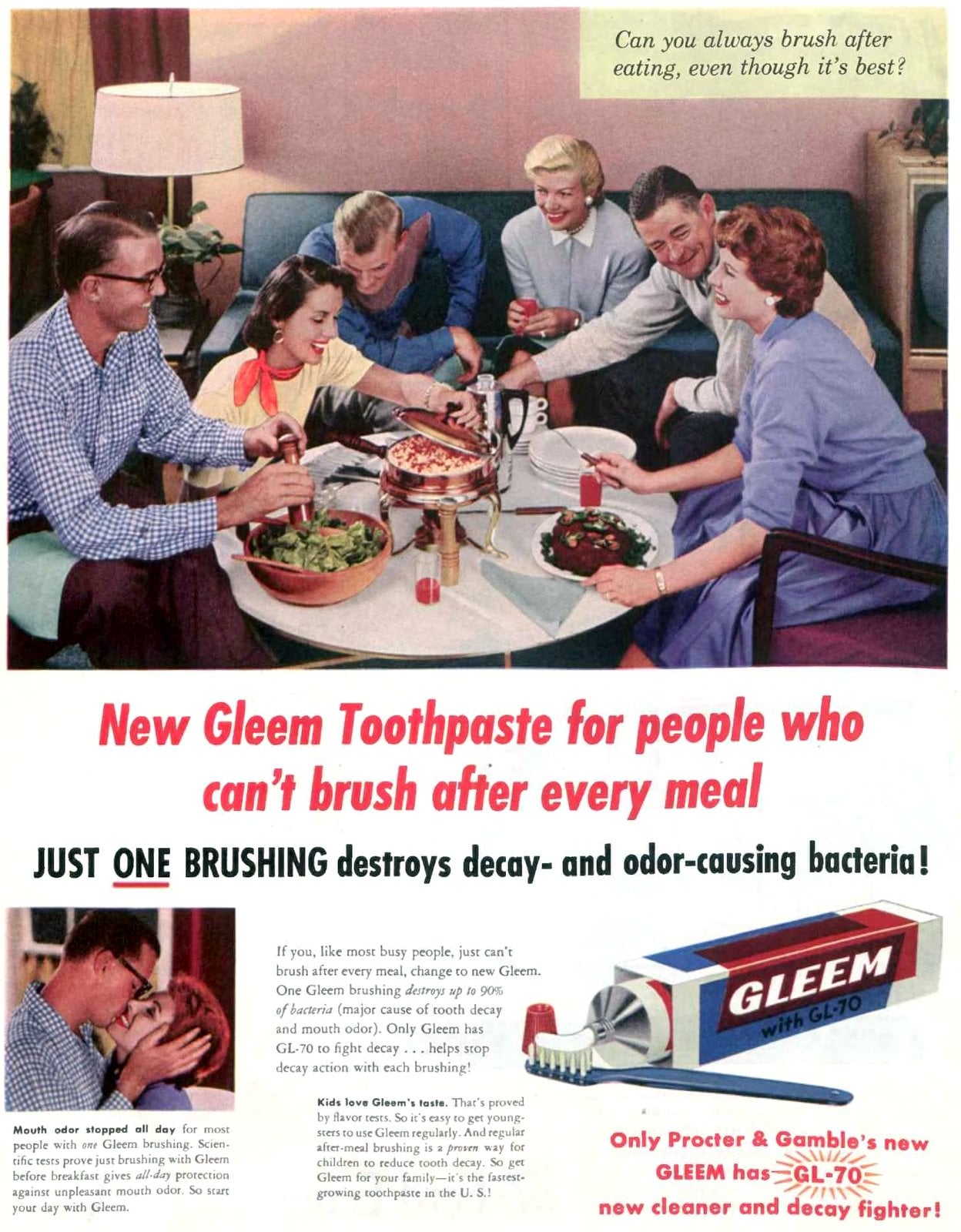 Gleem toothpaste for people who can't brush after every meal (1956) via ClickAmericana com