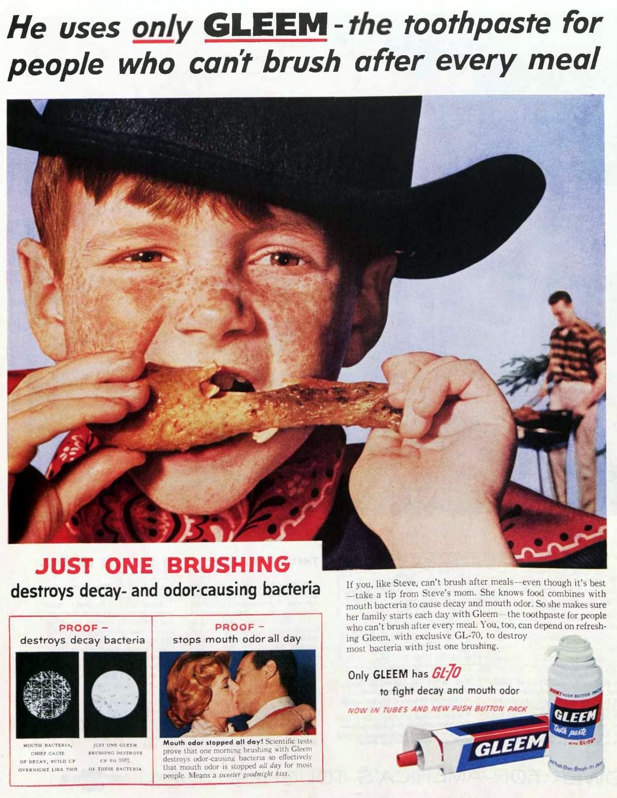 Gleem toothpaste in tubes and push button pack (1958) via ClickAmericana com