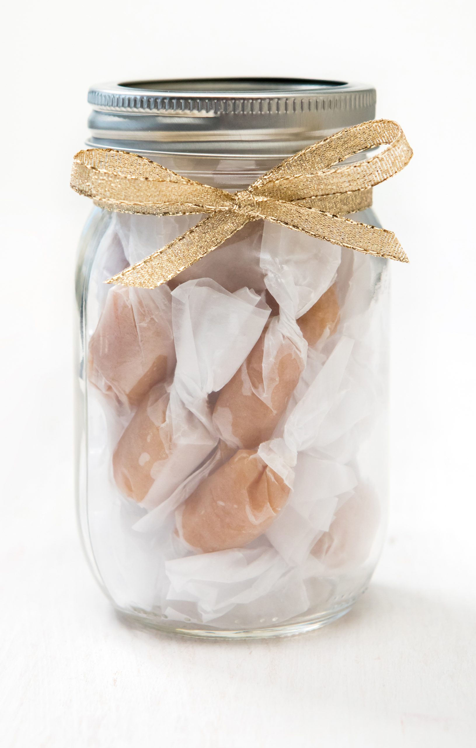 Homemade salted caramel twists in a jar