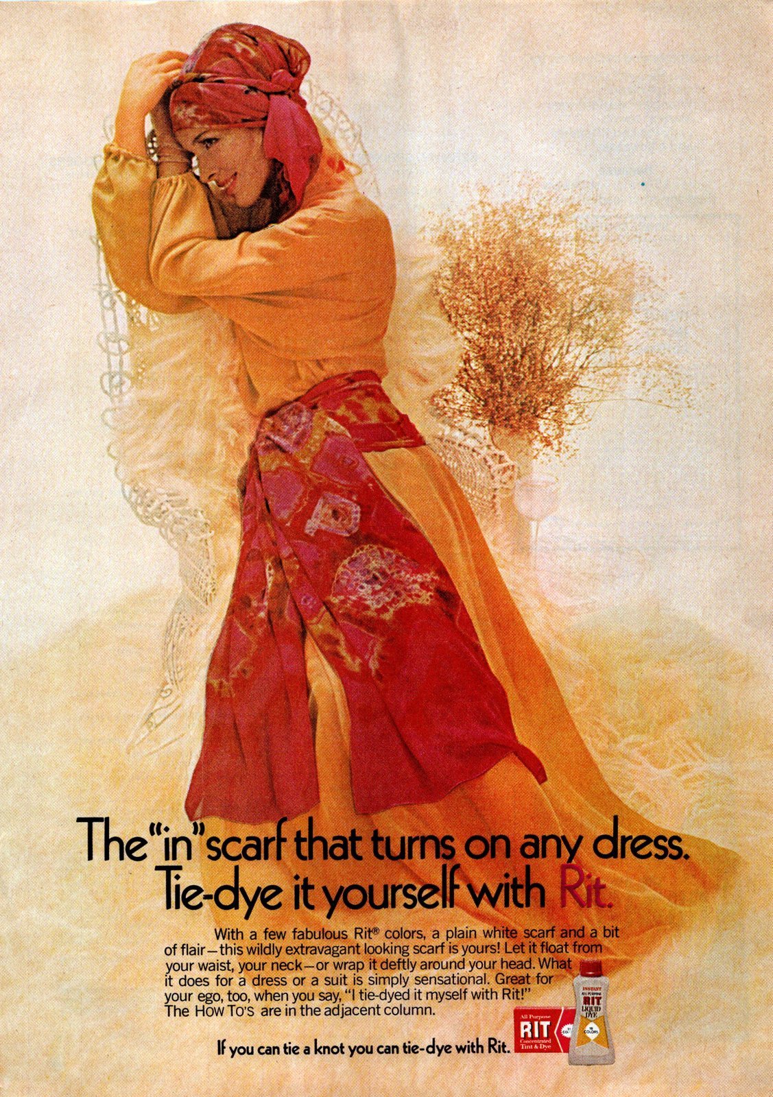 In scarf - Rit dye turns on any dress (1971) via ClickAmericana com