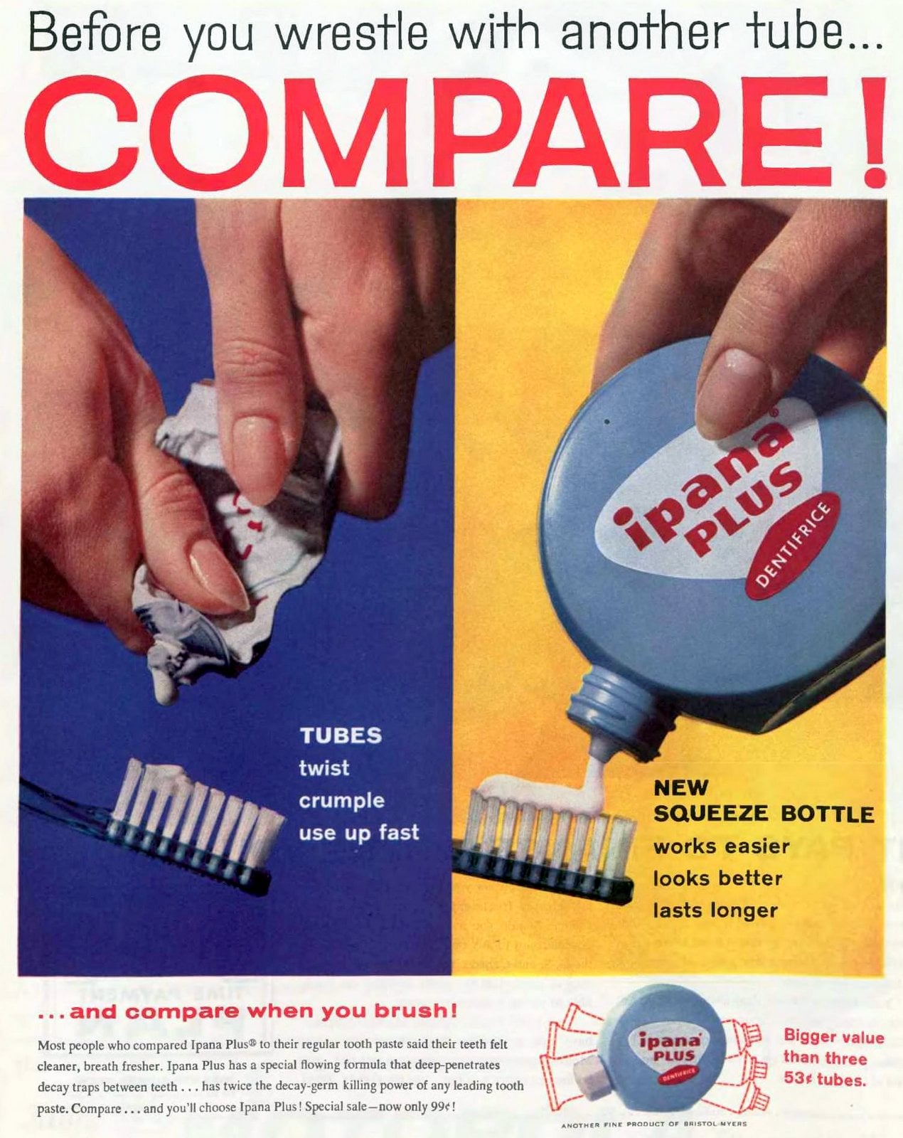 Ipana Plus squeeze bottle dentifrice (1959) via ClickAmericana com