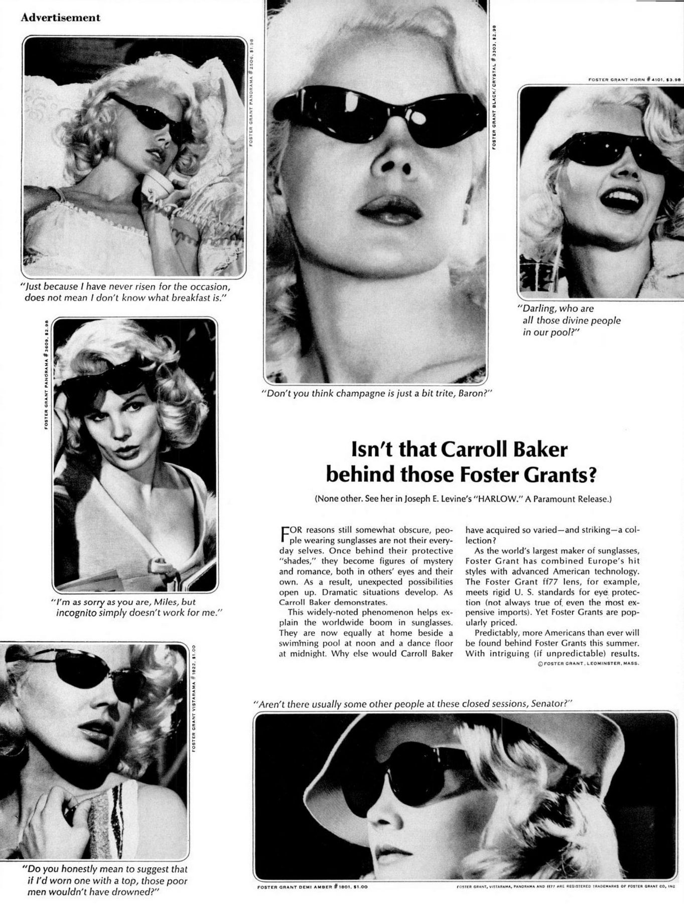 Who's behind those Foster Grants? See the popular vintage sunglasses of the stars in the 1960s & 70s 9 Isn't that Carroll Baker behind those Foster Grants (1965)