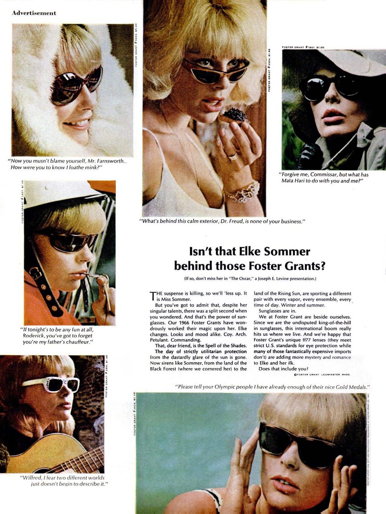 Who's behind those Foster Grants? See the popular vintage sunglasses of the stars in the 1960s & 70s 12 Isn't that Elke Sommer - Who's behind those Foster Grants (1966)