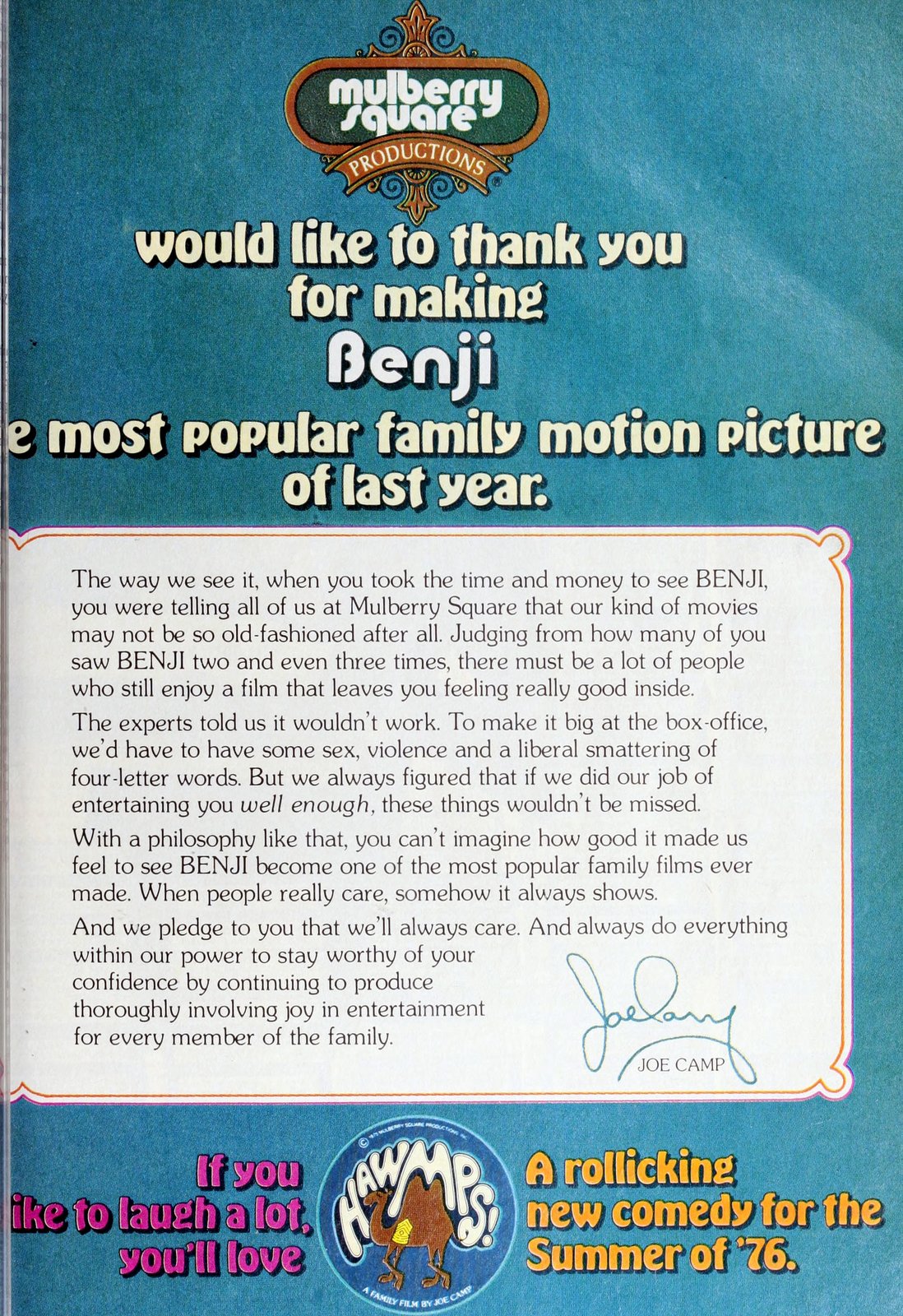 Benji movie magic: How a stray dog stole America's heart in the 1970s 9 Joe Camp - Benji movie thanks (1976) via ClickAmericana com