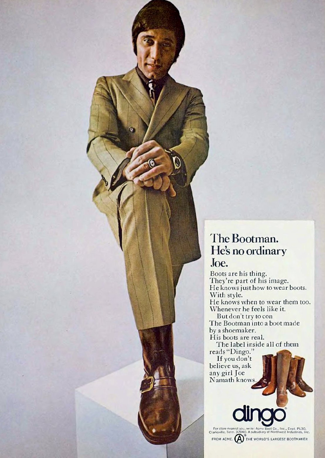 Joe Namath for Dingo boots (1970) via ClickAmericana com