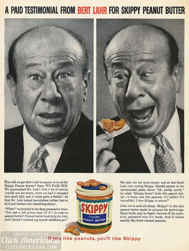 That time Skippy Peanut Butter paid big names to pitch their brand in the least serious way (1960) 2 LIFE Feb 8, 1960 lahr skippy peanut butter