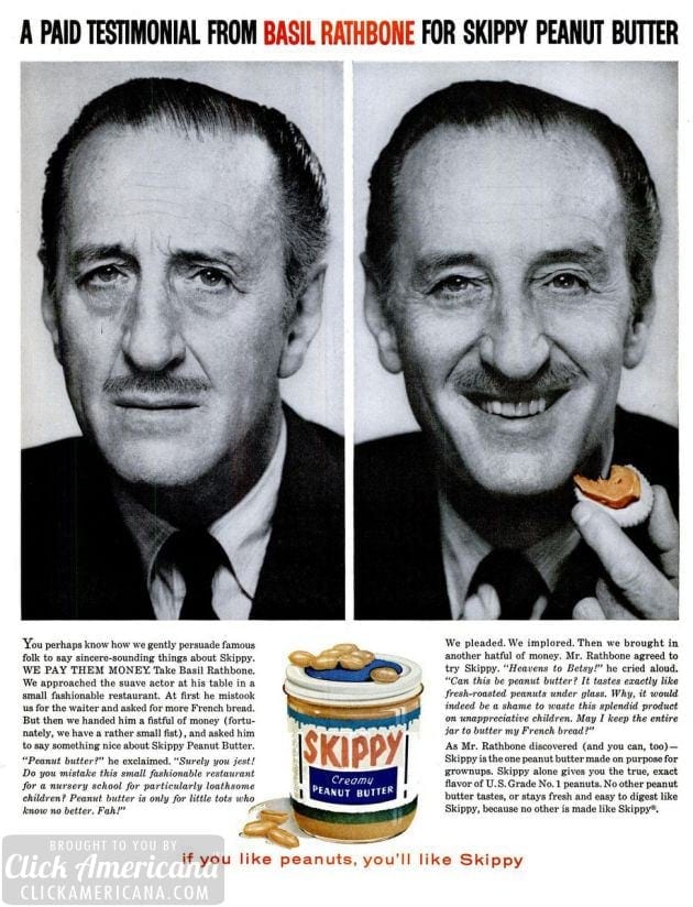 That time Skippy Peanut Butter paid big names to pitch their brand in the least serious way (1960) 3 LIFE Jan 11, 1960 basil rathbone skippy