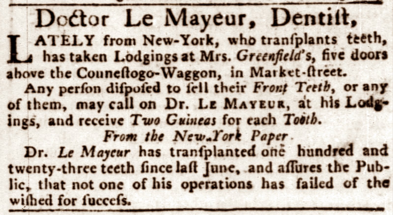 Dr Le Mayeur, advertising for teeth in 1784