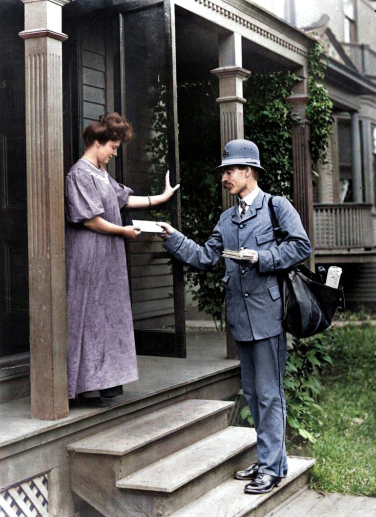 See vintage mail carriers & post office service carts from 100+ years