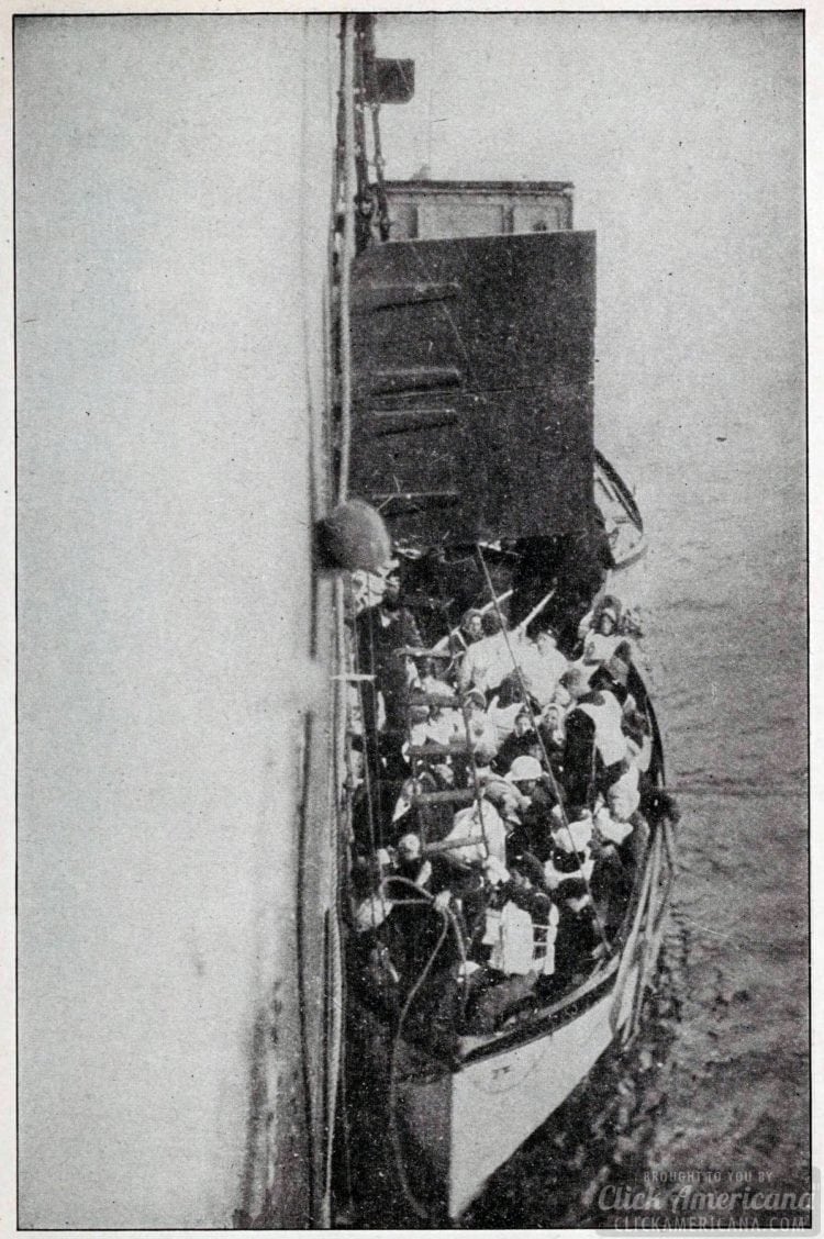 Lifeboat from Titanic is lifted aboard rescue vessel Carpathia 1912