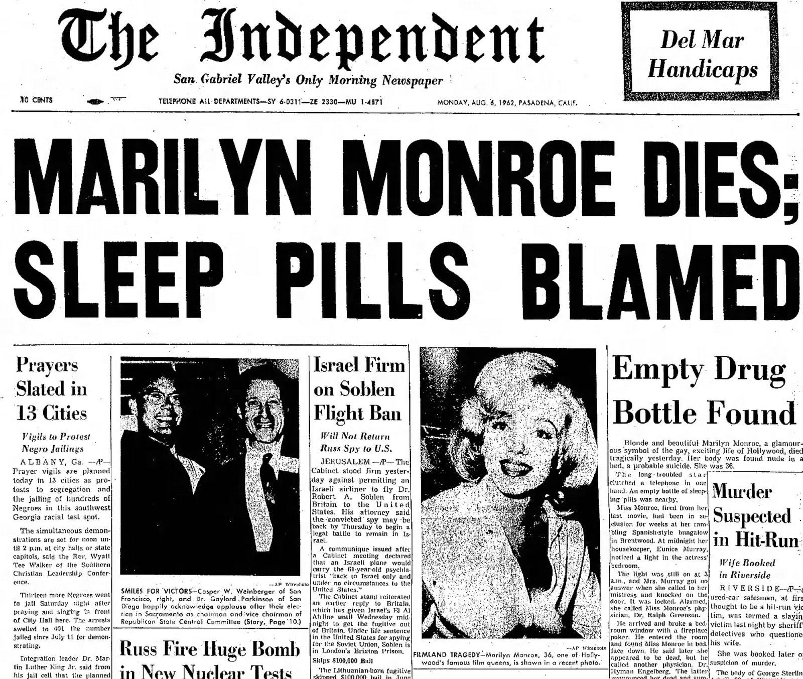 Marilyn Monroe dies - Front page of Pasadena Independent newspaper - August 6 1962