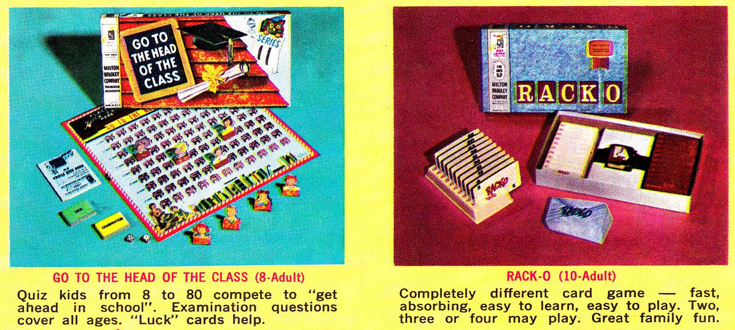 Milton Bradley board games from the early 1960s Go to the Head of the Class Rack-o