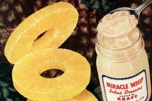 Miracle Whip on top of canned fruit in the 50s