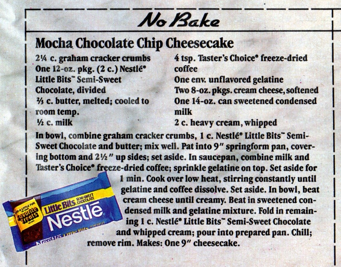 Mocha chocolate chip cheesecake recipe card