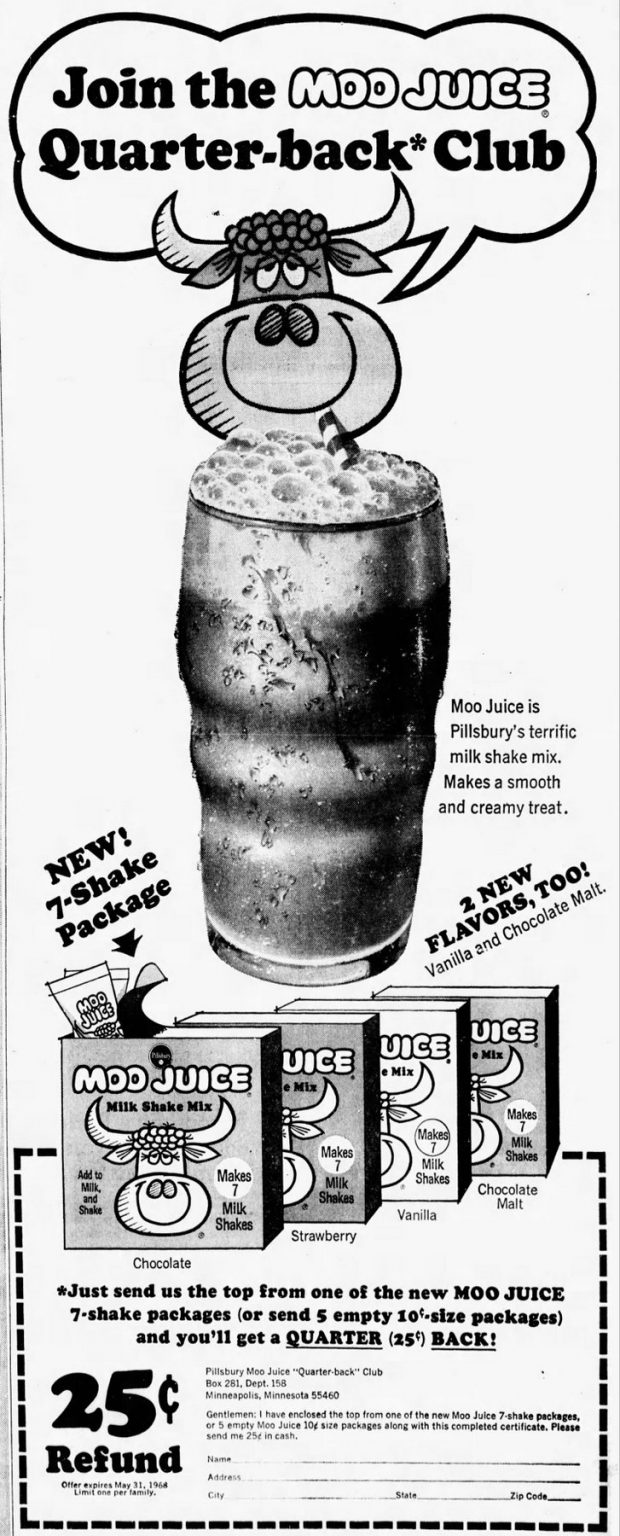 Moo Juice chocolate & strawberry milkshake mix Cow (1967
