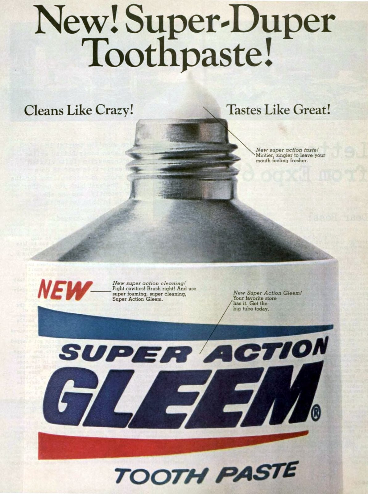 New Super Action Gleem toothpaste (1967) via ClickAmericana com