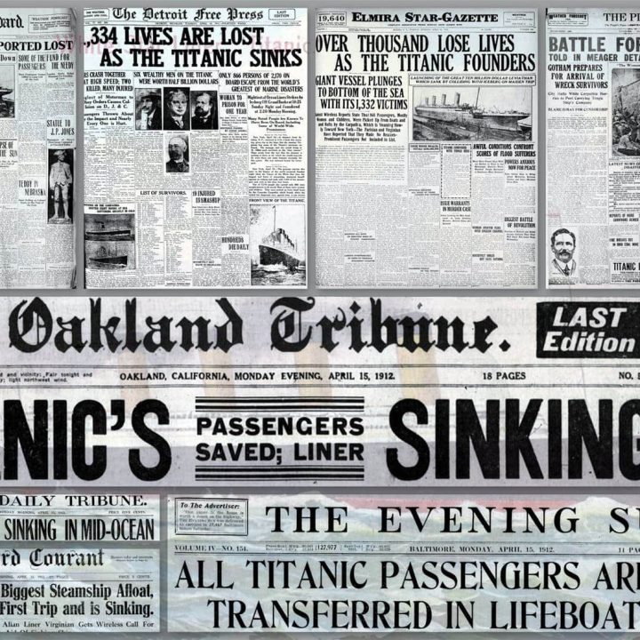 Newspaper front pages with the first Titanic stories (1912)