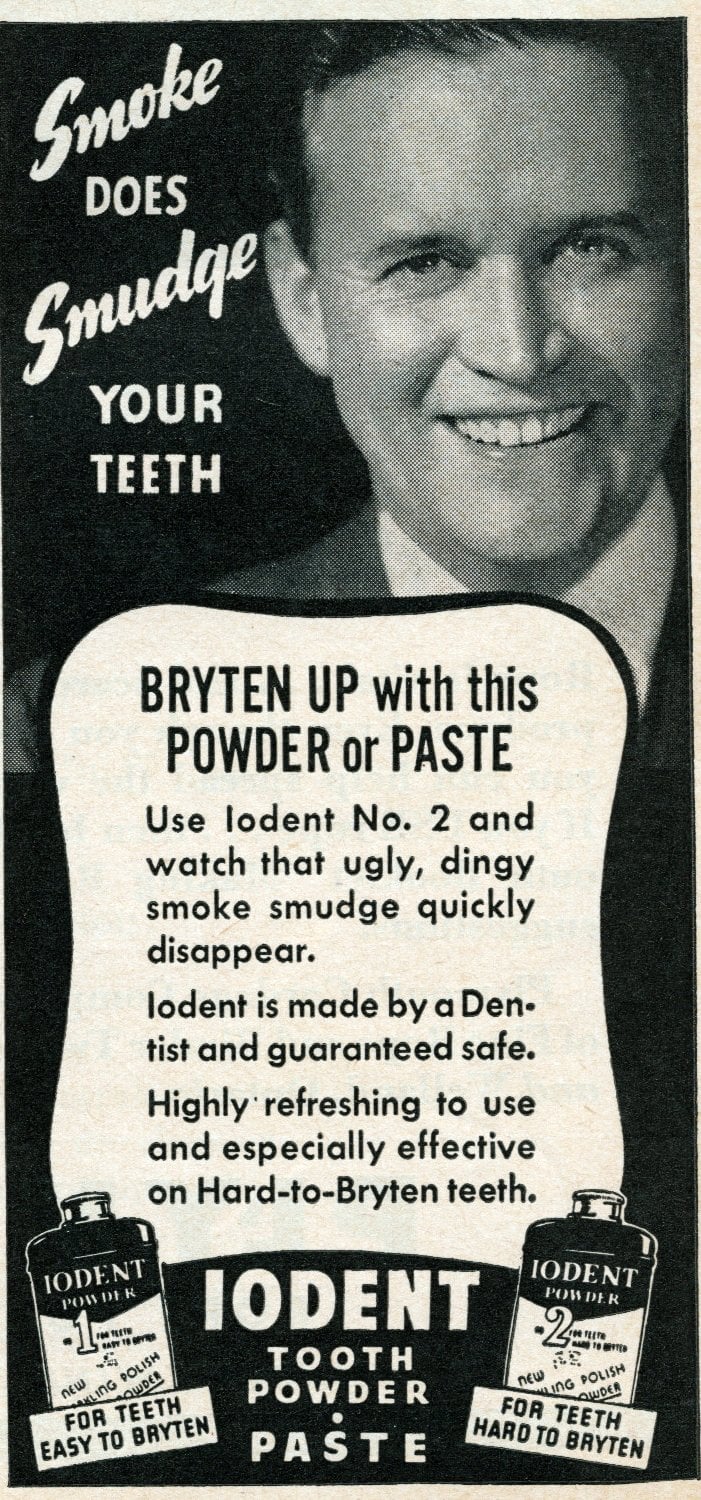 Old Iodent tooth powder and paste for smokers (1943) via ClickAmericana com