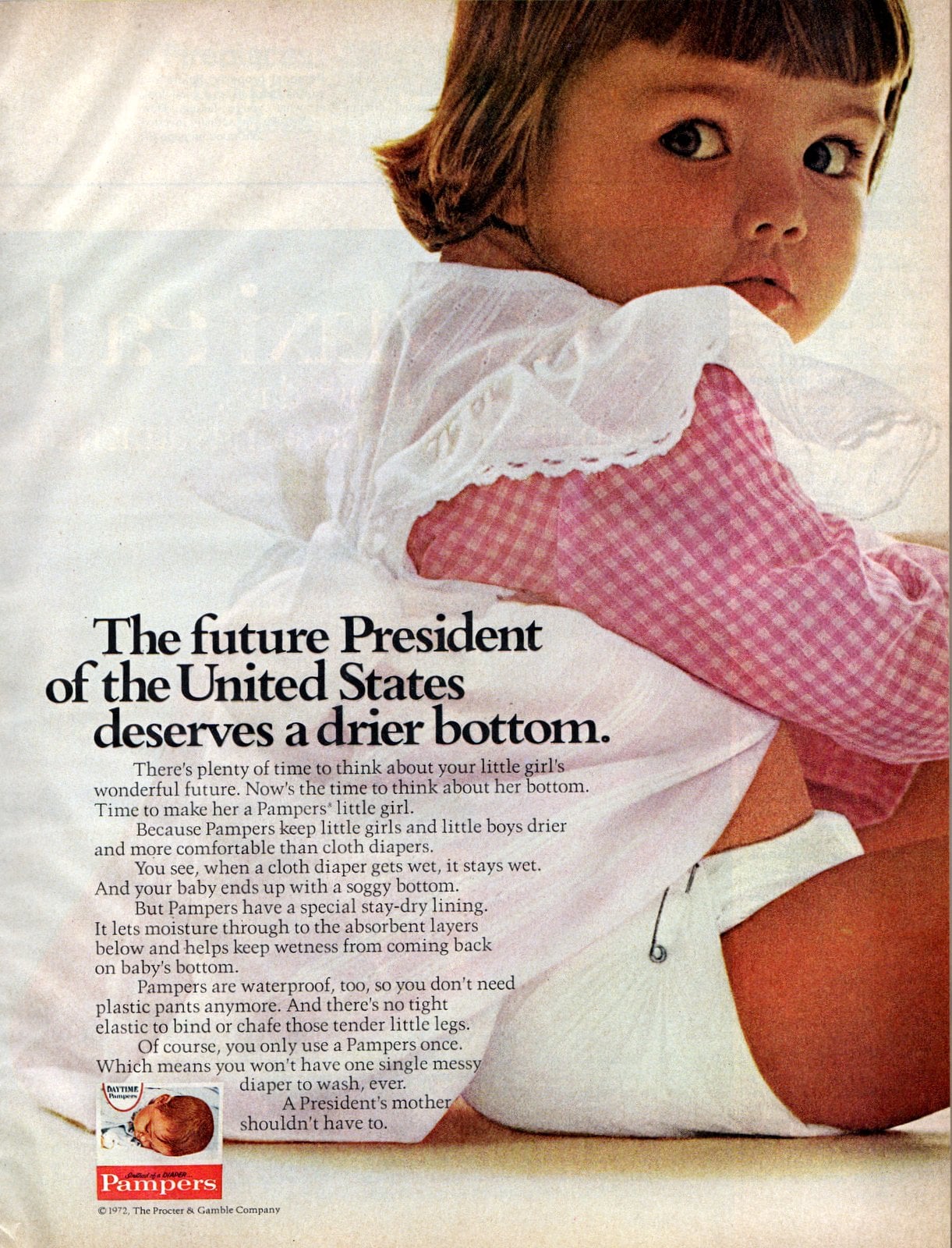 Old Pampers ad with baby girl - Future President of the US (1972) via ClickAmericana com