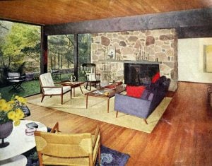 Open-plan midcentury modern living room decor and furniture (1962)