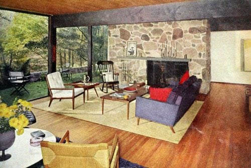 Open-plan midcentury modern living room decor and furniture (1962)