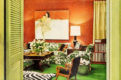 Orange and green family room sophisticated style (1960s)