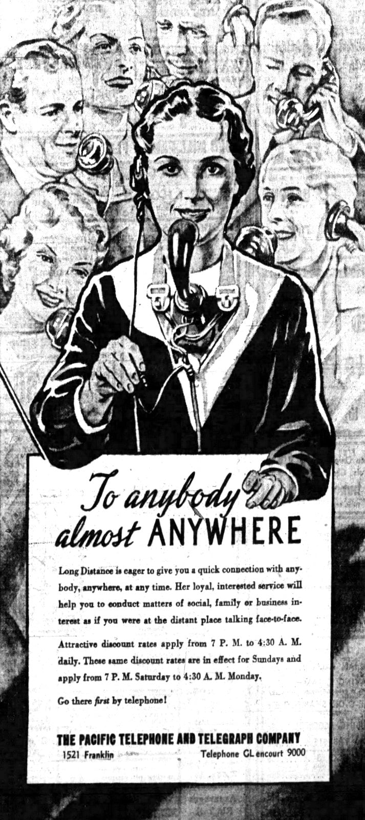 Pacific Telephone vintage ad for long-distance calling (1937)