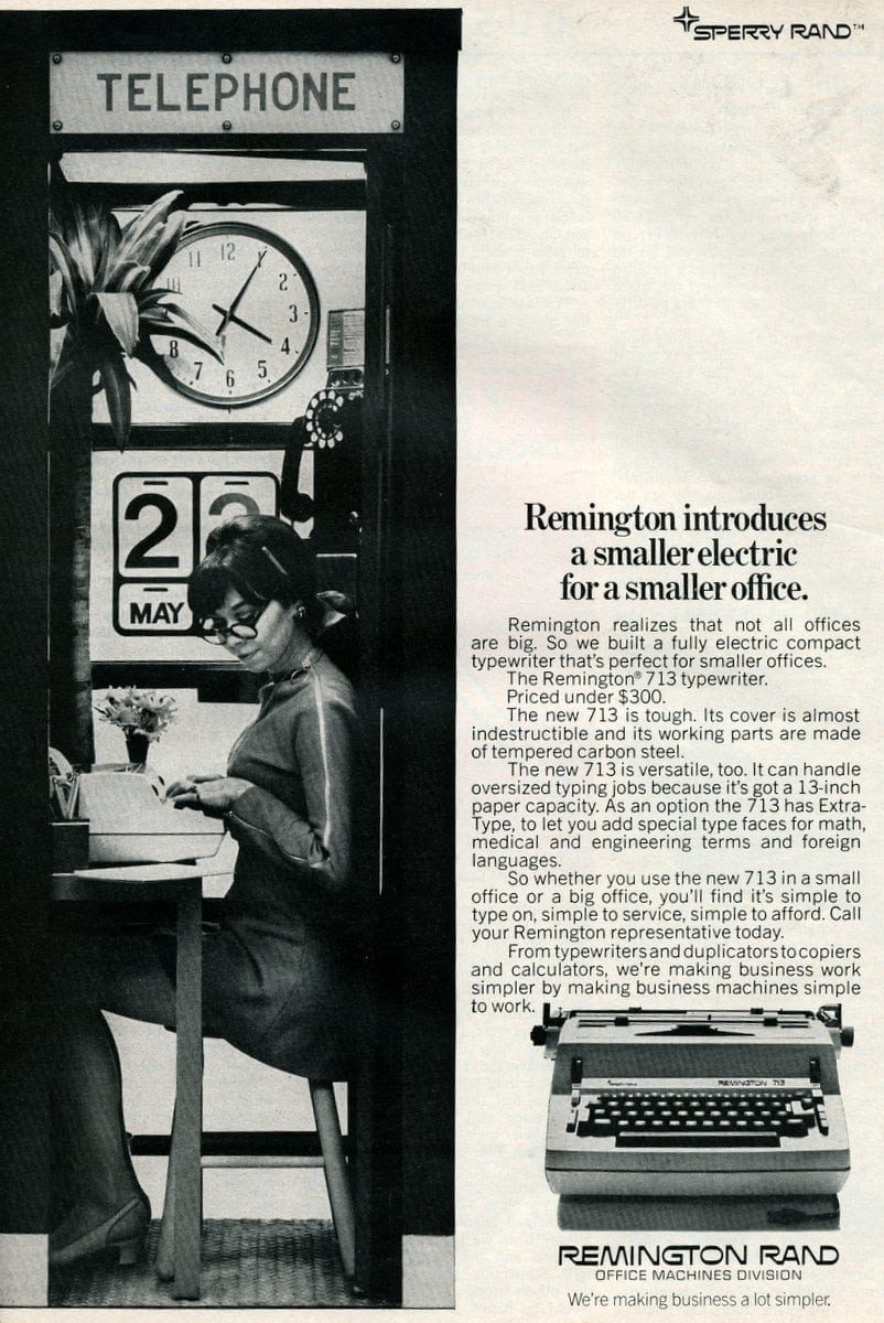 Payphone with secretary - Vintage typewriter ad from 1969