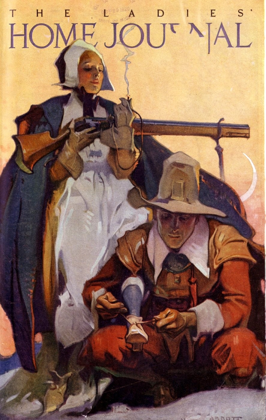 Thanksgiving history, from the Pilgrims' First Thanksgiving to the strange way turkey day became a holiday 9 Pilgrims with gun - Cover of Ladies Home Journal 1920
