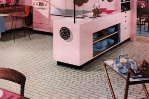 Pink kitchen with retro brick linoleum from 1956
