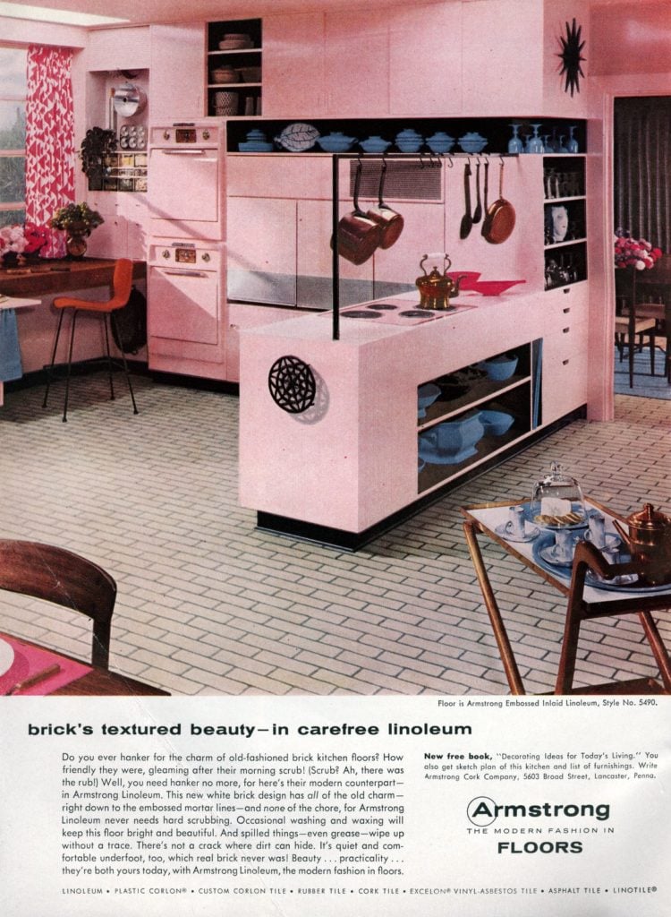 A White Brick Linoleum Floor For Your Pink Kitchen Why Not