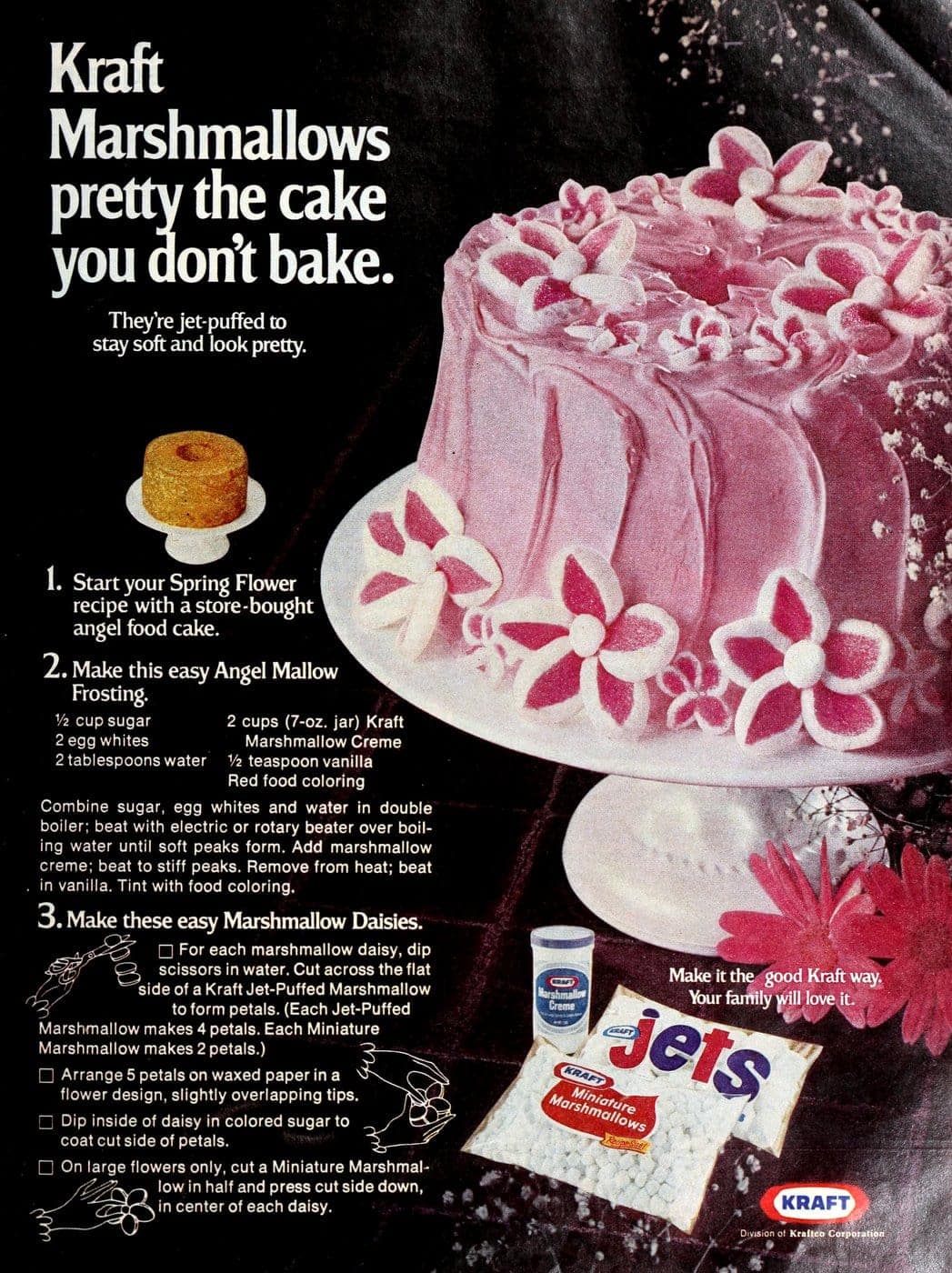 Pink marshmallow flower cake from 1975