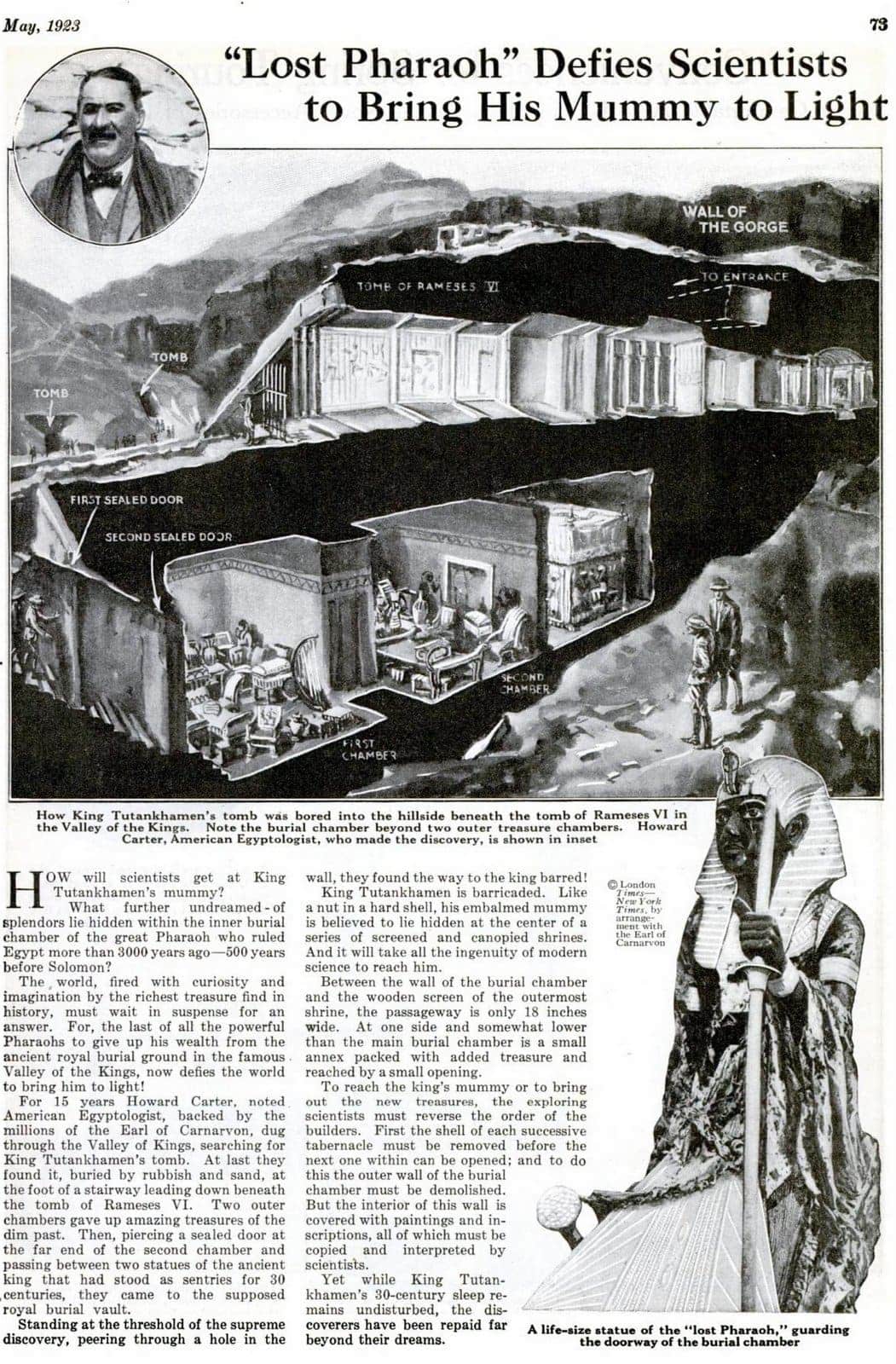Popular Science May 1923 King Tutankhamun's mummy and tomb view