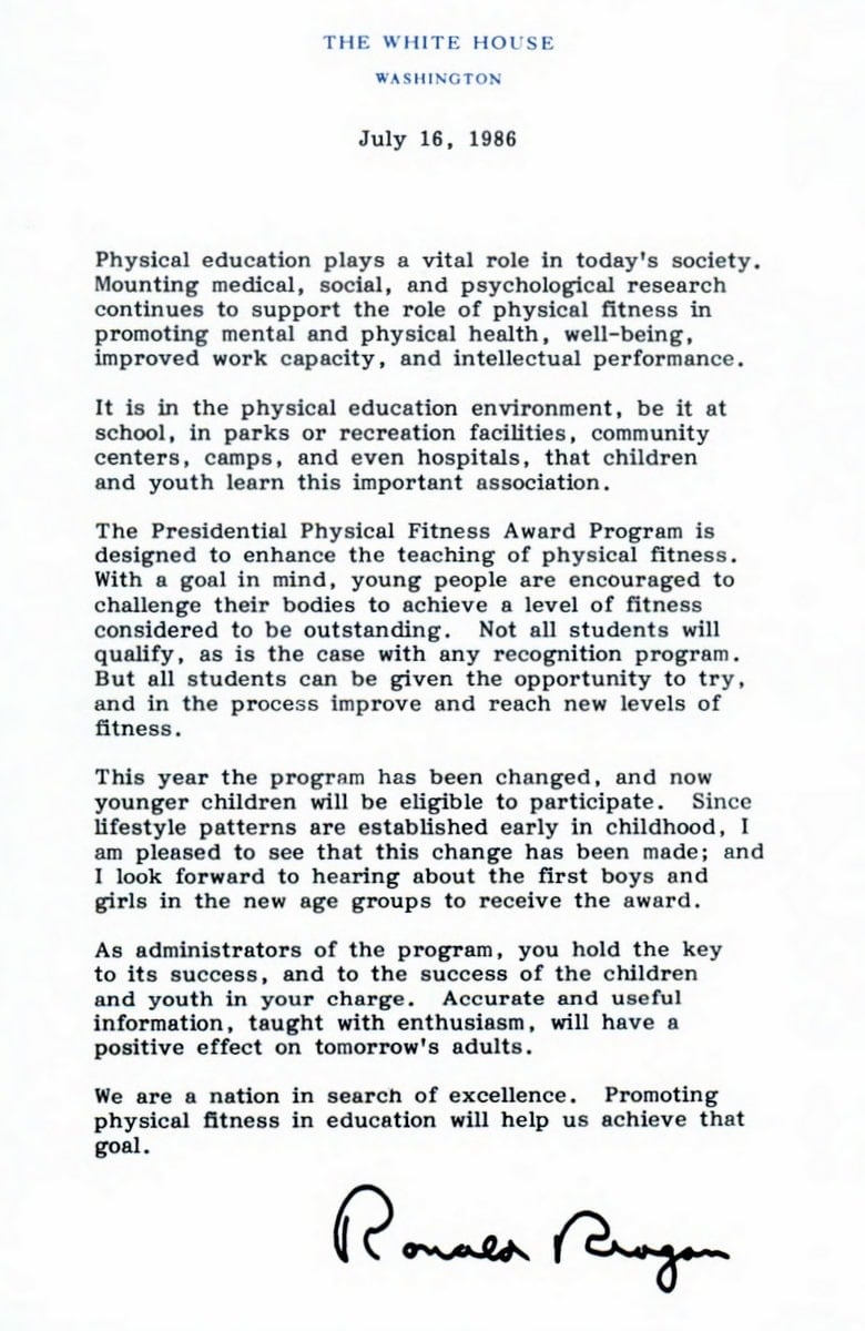 Presidential Physical Fitness Award - Intro letter from Ronald Reagan