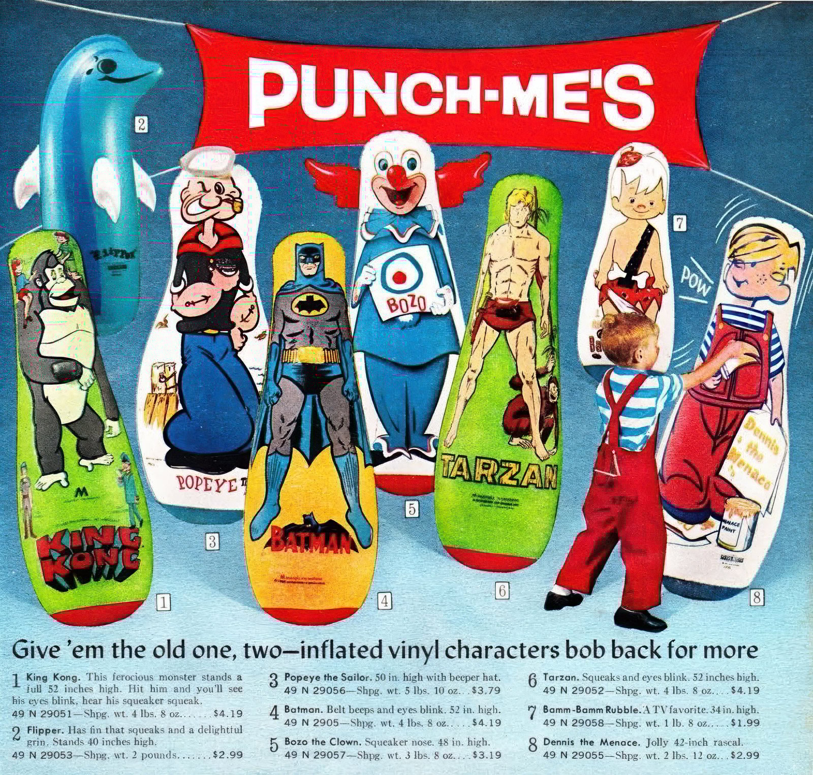 Punch-Mes inflatable vinyl punching bags with characters (1960s0 via ClickAmericana com