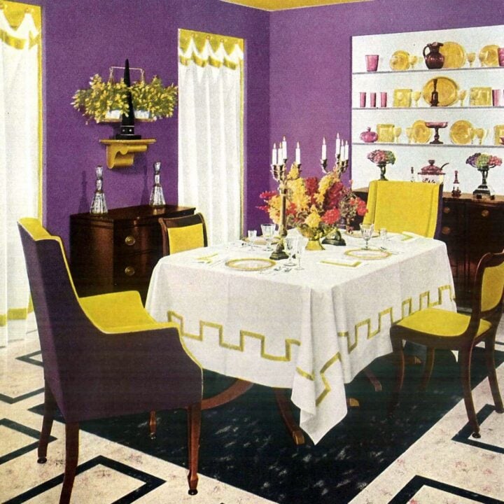 Purple and yellow made this 1940s dining room stand out from the rest