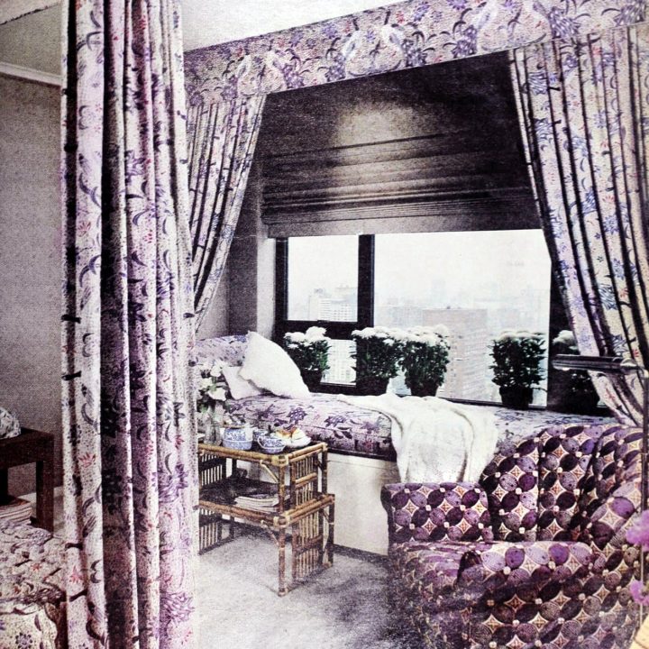 Quilted, padded and draped fabrics gave this bedroom a soft look (1978)