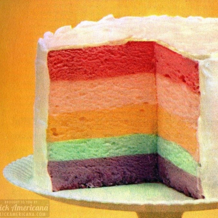 Rainbow cake of whipped Jello Five layers of fluffy flavors make one impressive-looking dessert (1962)