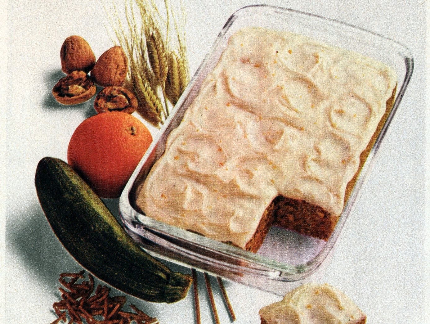 Recipe for orange zucchini cake & with orange-cream cheese frosting (1982)