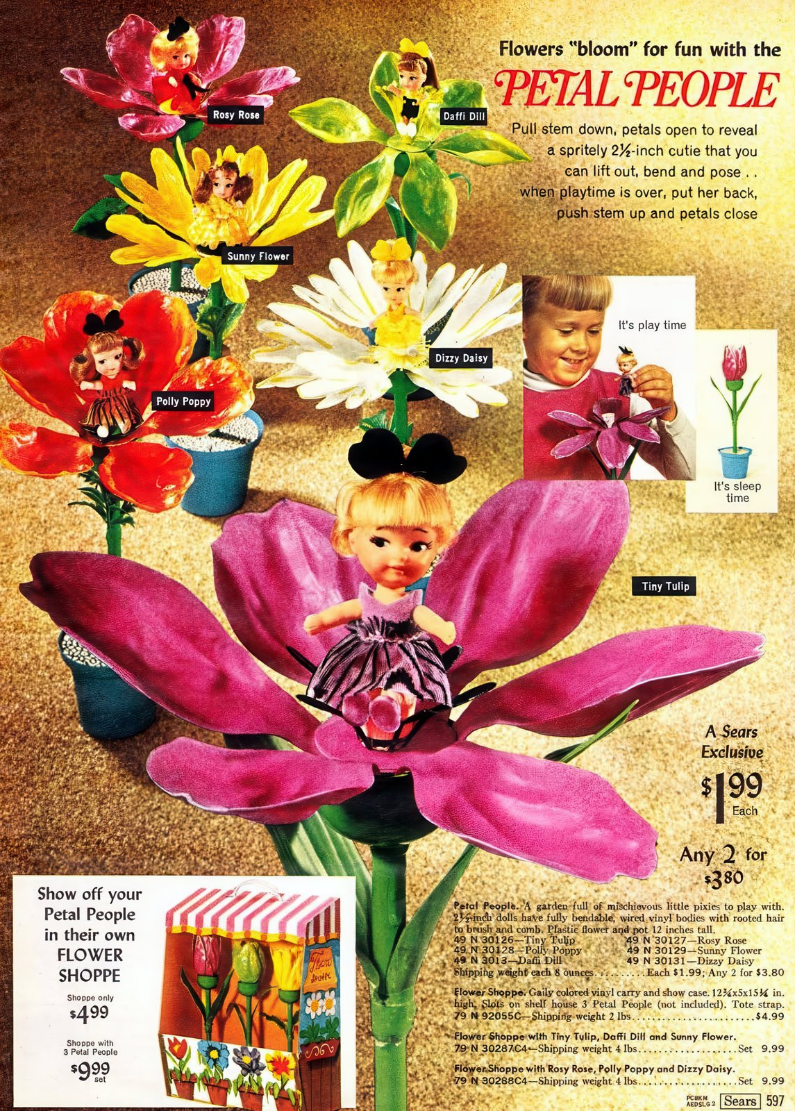 Retro Petal People dolls in flowers (1960s) via ClickAmericana com