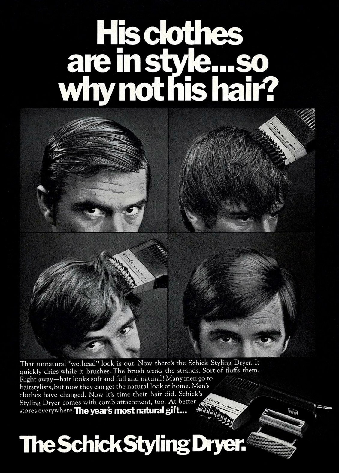 In the '70s, here's how men got their dry, soft hairstyles 3 Retro Schick Styling Dryer for men from the 1970s