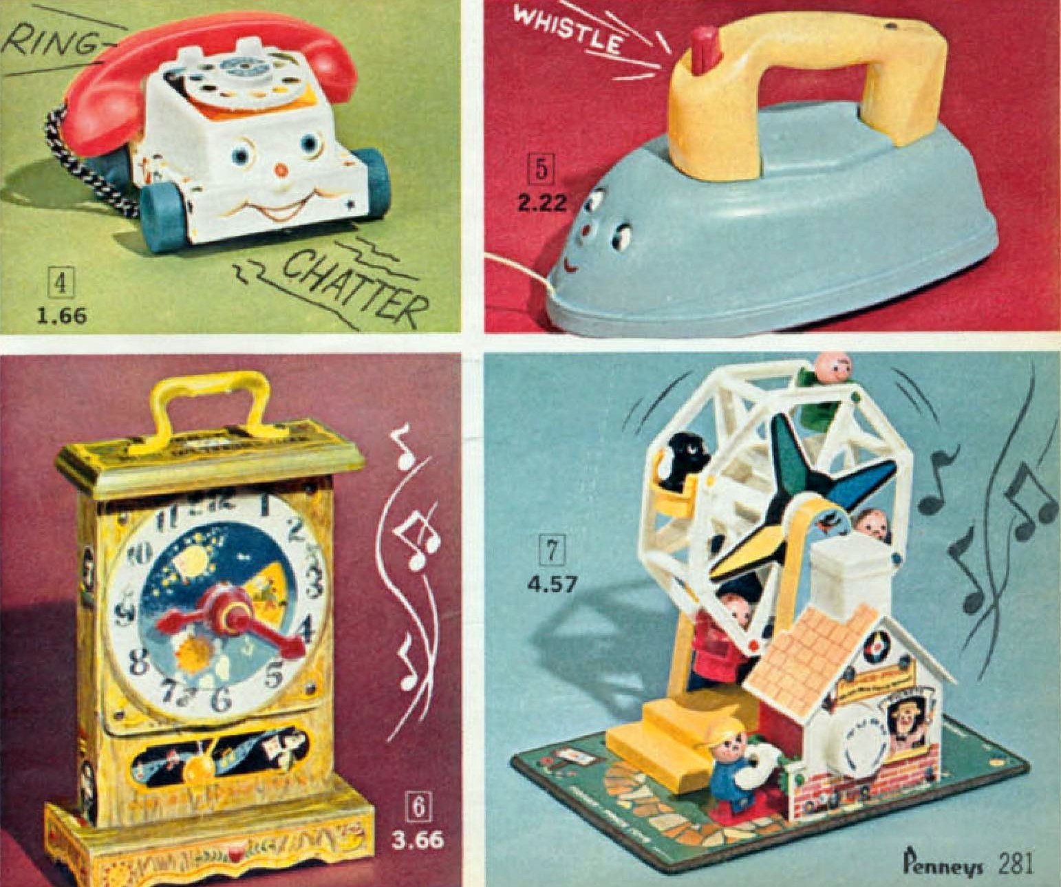 Retro toys phone, clock, iron (1967) via ClickAmericana com