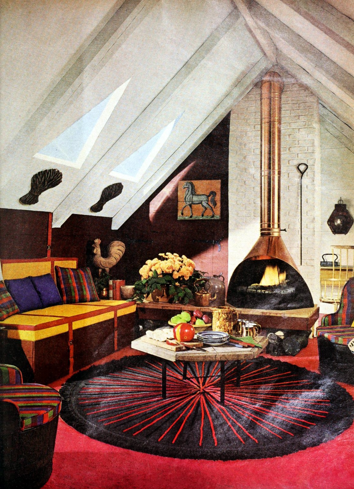 Stylish retro prefab fireplaces brought modern comfort to mid-century homes 2 Room with valuted ceiling and copper preway fireplace (1963) via ClickAmericana com