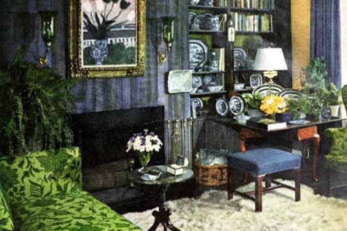 Rough-sawn planking paired surprisingly well with opulent fabrics and antiques (1960)