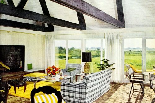 Rustic living room with dramatic wood trusses